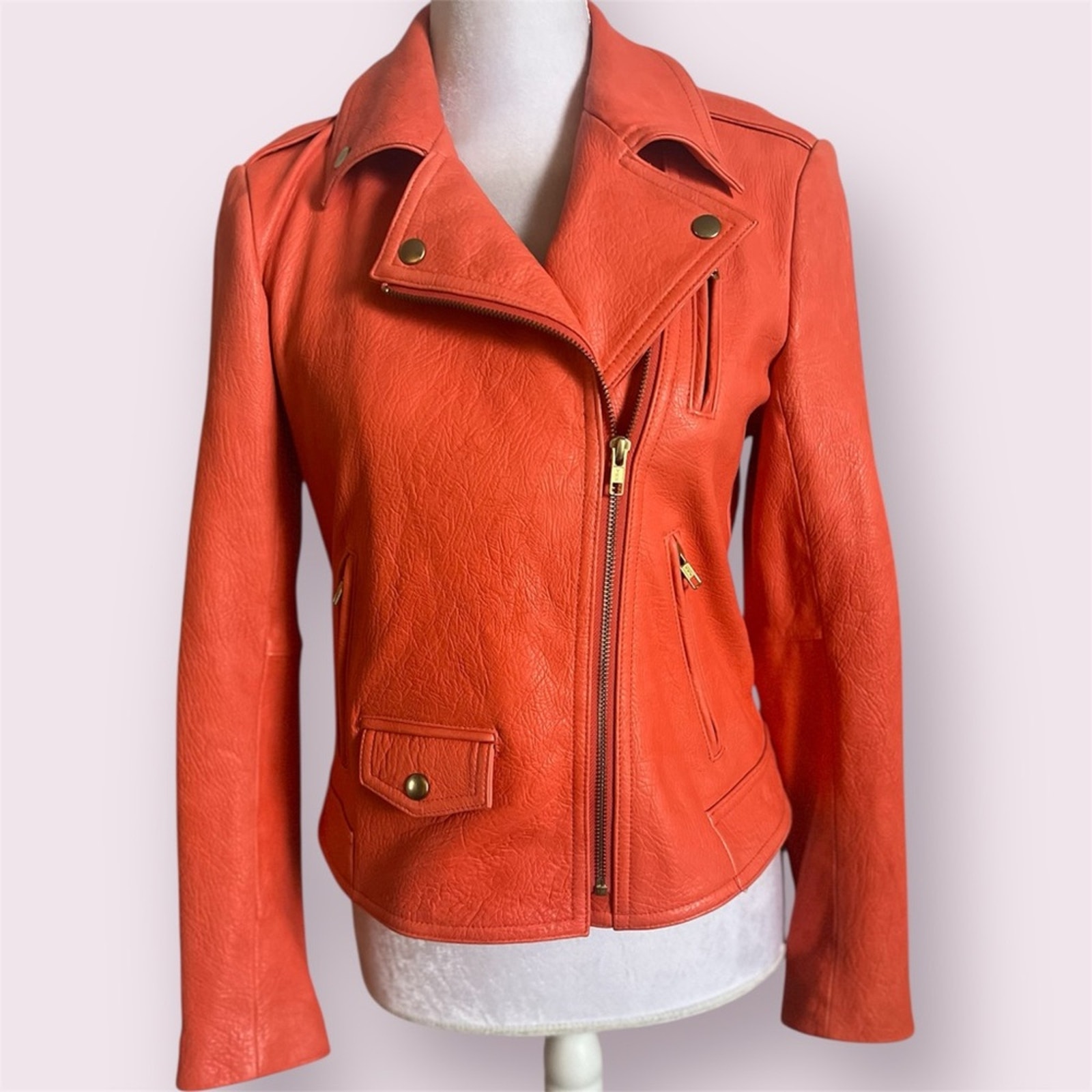 Theory Women's Leather Jacket Elenian In Orange Melon Size Medium